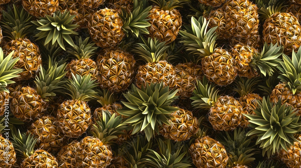 A seamless pattern of pineapples with spiky green tops and golden yellow textured skin A seamless pattern of pineapples with spiky green tops and golden yellow textured skin