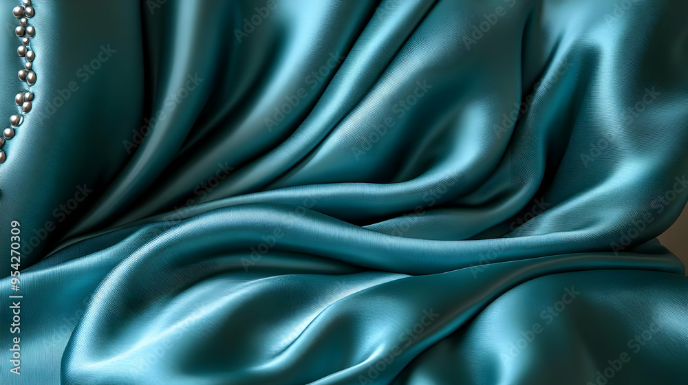 Obraz premium Teal satin fabric with soft, flowing folds.