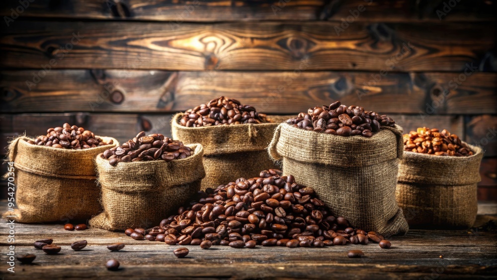 Fresh coffee beans in bags with a rustic background , coffee, beans, bags, freshness, aroma, morning, caffeine, organic