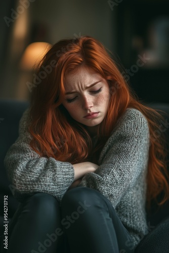 Sad depressed redhead woman sitting in her living room, depression and loneliness, mental health concept. Vertical (2:3)