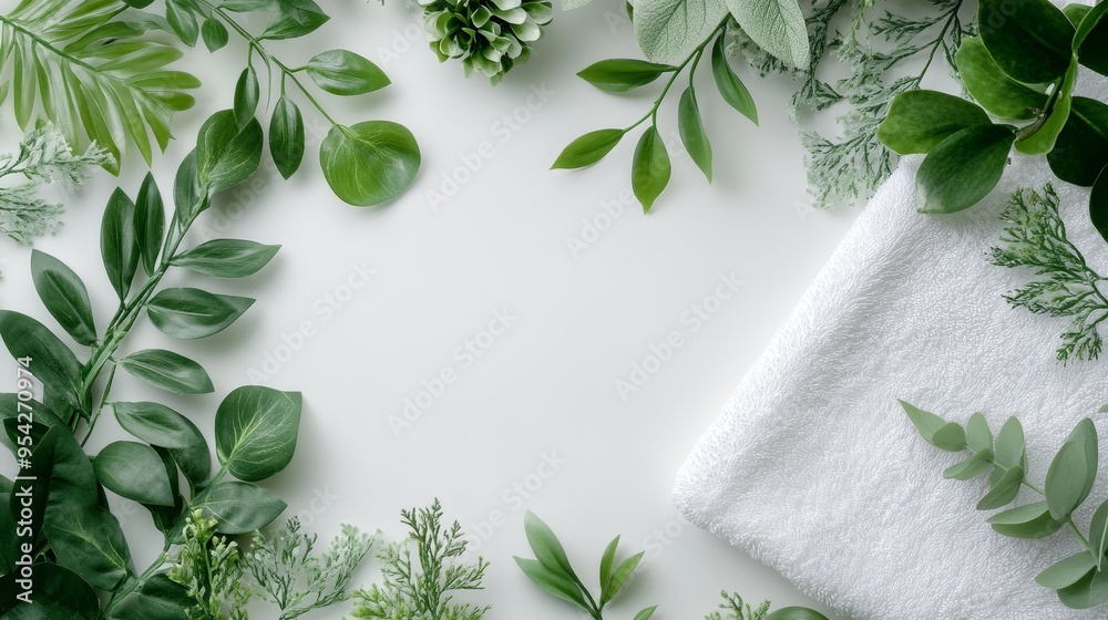 The arrangement of white towels and green plants on a white surface, with minimalist design and delicate texture, is very suitable for modern lifestyle and home decoration themes. The arrangement of white towels and green plants on a white surface, with minimalist design and delicate texture, is very suitable for modern lifestyle and home decoration themes.