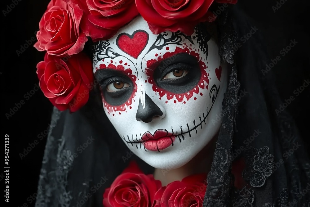 Young woman with dia de los muertos makeup, day of dead, black background Young woman with dia de los muertos makeup, day of dead, black background