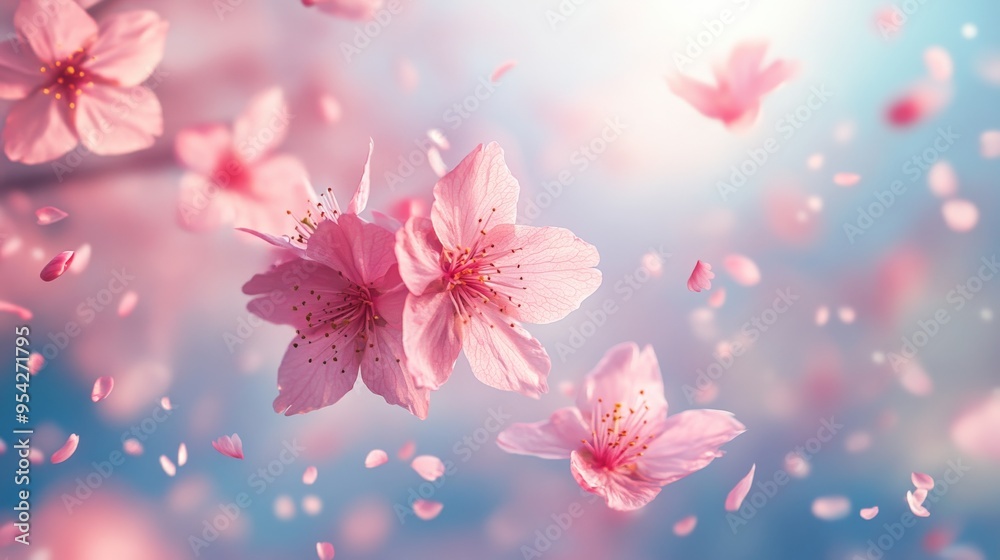 Delicate Pink Cherry Blossoms Falling Through the Air Delicate Pink Cherry Blossoms Falling Through the Air
