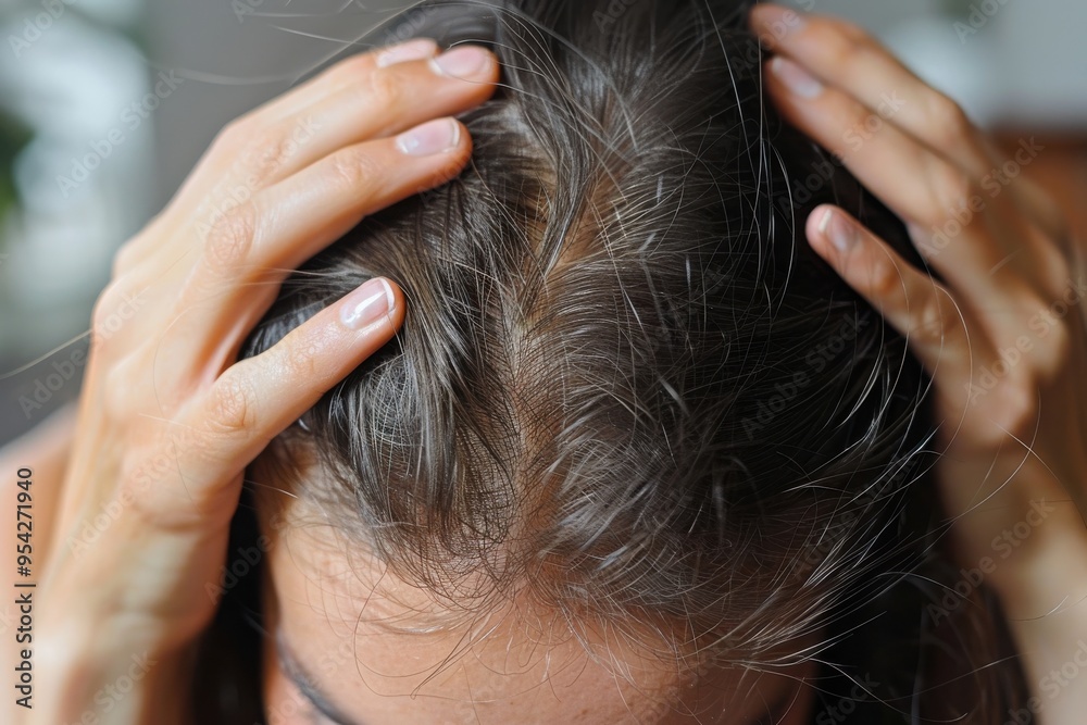 Naklejka premium A woman with brown hair is having her hair washed