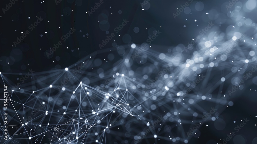 Abstract visualization of interconnected nodes and particles in a dark space. Abstract visualization of interconnected nodes and particles in a dark space.