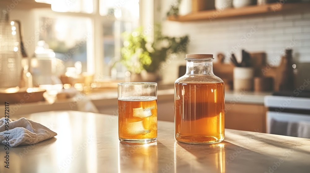 In a modern kitchen, there is a bottle of homemade kombucha and a glass placed on a tidy island. The minimalist decorative style adds a peaceful atmosphere. In a modern kitchen, there is a bottle of homemade kombucha and a glass placed on a tidy island. The minimalist decorative style adds a peaceful atmosphere.