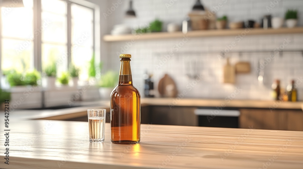 In a modern kitchen, there is a bottle of homemade kombucha and a glass placed on a tidy island. The minimalist decorative style adds a peaceful atmosphere.