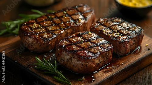 Three grilled steaks on a w...