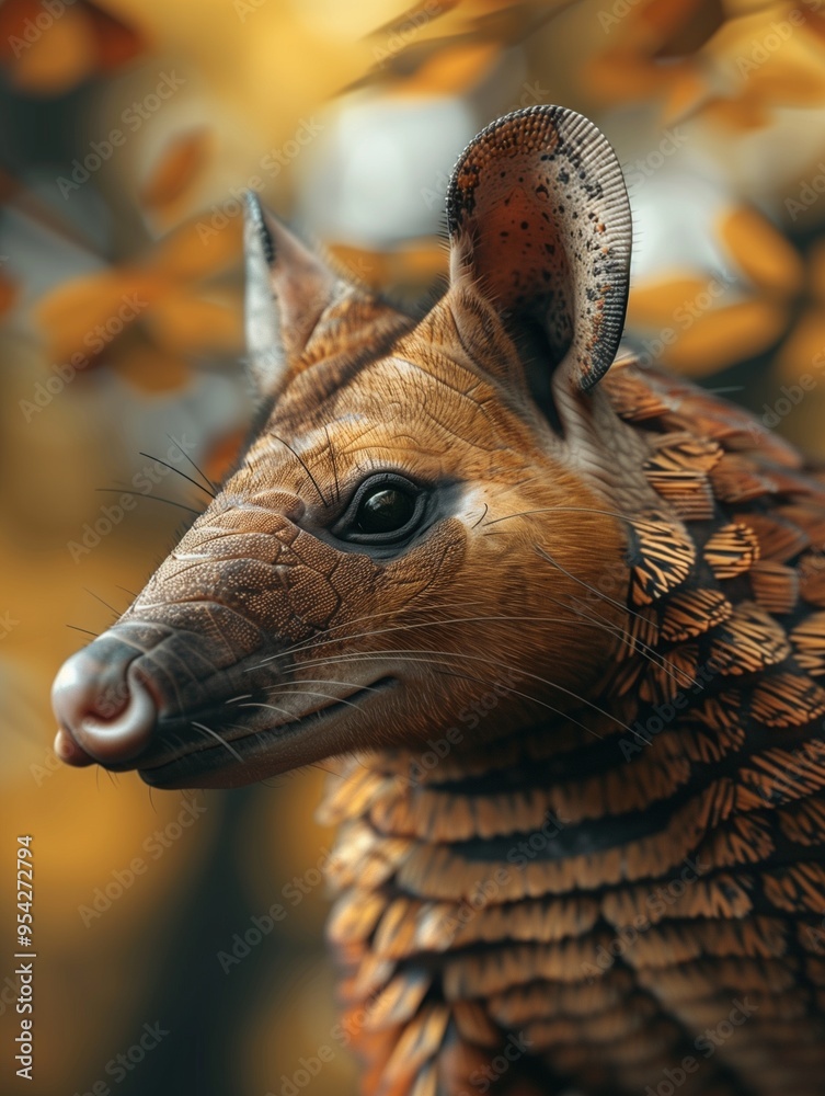 Obraz premium Close up portrait of an armadillo with scale armor in a natural forest setting