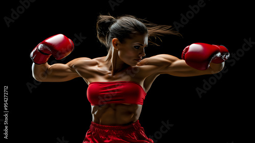 Strong female boxer in red gear delivering a powerful punch with intense focus photo