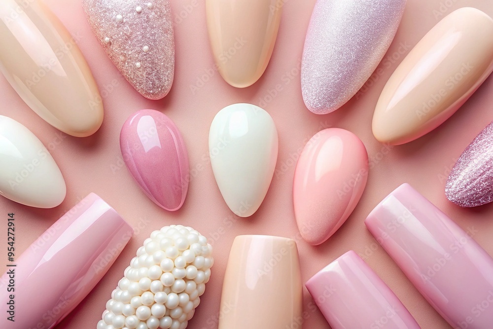 A close-up of a variety of shaped and polished fingernails, including oval, almond, square, and round, against a soft, pastel pink background. A close-up of a variety of shaped and polished fingernails, including oval, almond, square, and round, against a soft, pastel pink background.