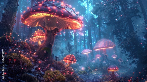 Mushroom Fantasy: Illuminated Fungi in a Jungle Forest Wallpaper