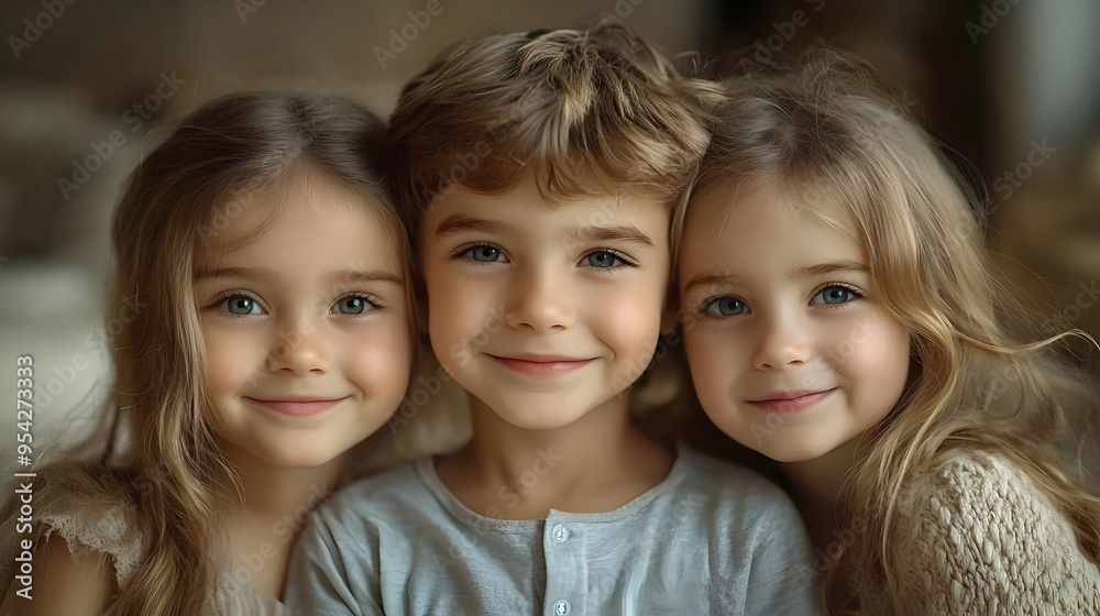 Three smiling children with blonde hair, a boy and two girls, look directly at the camera. Three smiling children with blonde hair, a boy and two girls, look directly at the camera.