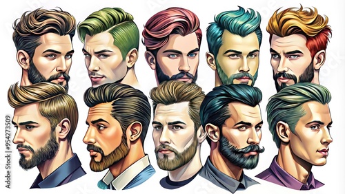 A creative illustration showcases various stylish male hairstyles, from undercuts to pompadours, in a vibrant, detailed drawing with bold lines and expressive shading. photo