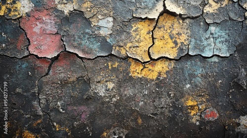 Cracked and Weathered Painted Surface with Multicolored Patches