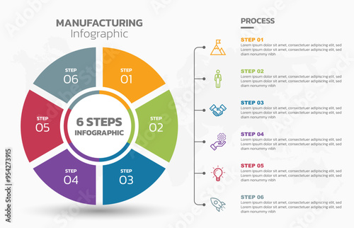 Visual data presentation. Cycle diagram with 6 options. Pie Chart Circle infographic template with 6 steps, options, parts, segments. Business concept. Marketing infographic vector illustration. photo