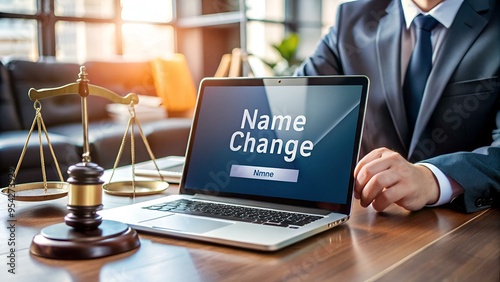 Name Change – Law, Judgment, Web. Laptop in the office with term on the screen. Hammer, Libra, Lawyer.