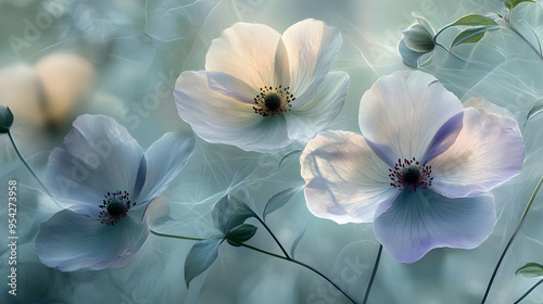 Three white delicate flowers with soft blue and green background.