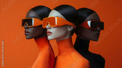 Three women in orange turtl...