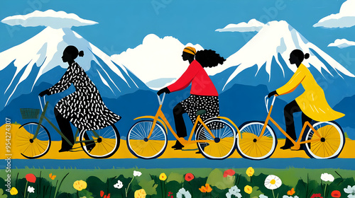 Three women riding bicycles...