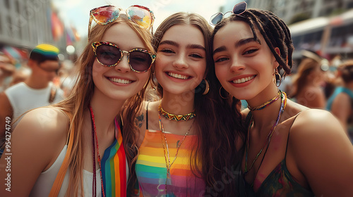 Three young women smile for...