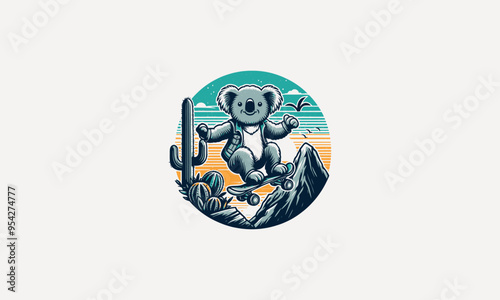 koala playing skateboard on cactus vector illustration flat design photo