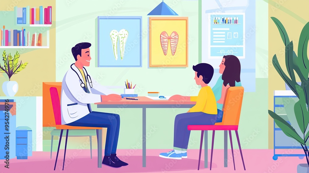 A pediatrician engaging with a child and their parent during a consultation, in a friendly, colorful office. A pediatrician engaging with a child and their parent during a consultation, in a friendly, colorful office.