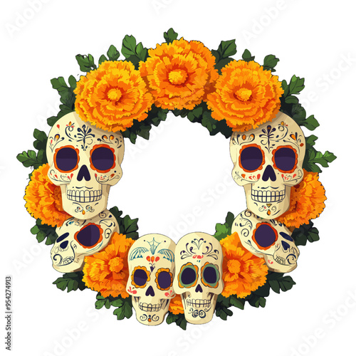 Vibrant Day of the Dead Wreath with Colorful Sugar Skulls and Marigold Flowers, Traditional Dia de los Muertos Decoration