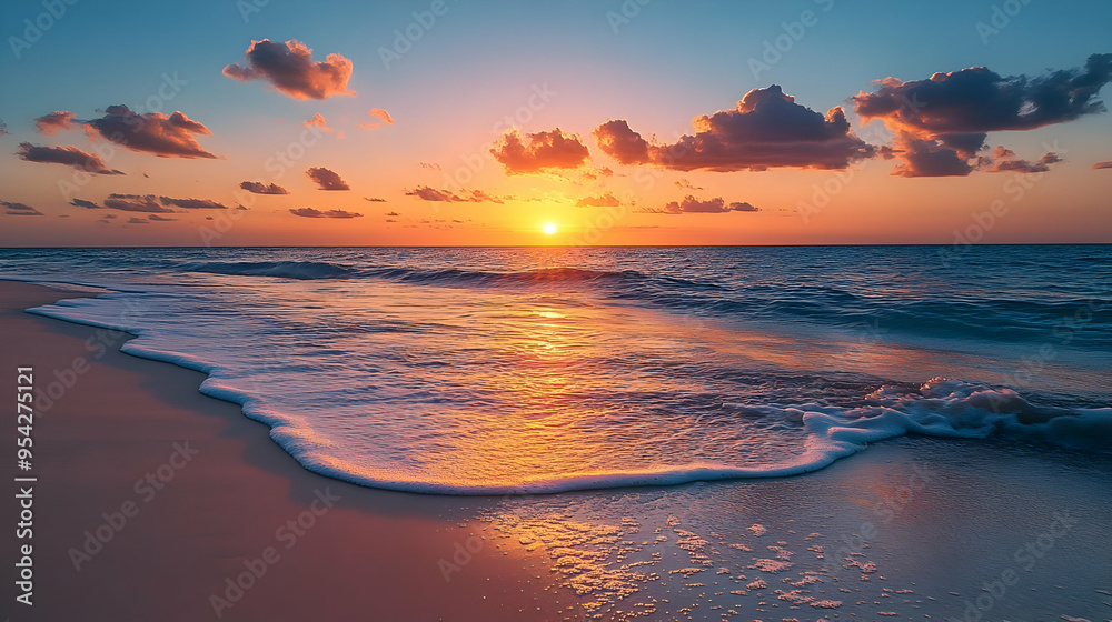 Obraz premium Tranquil beach sunset with foamy waves.