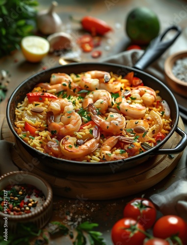 Close up of savory Spanish Paella with shrimp and vegetables