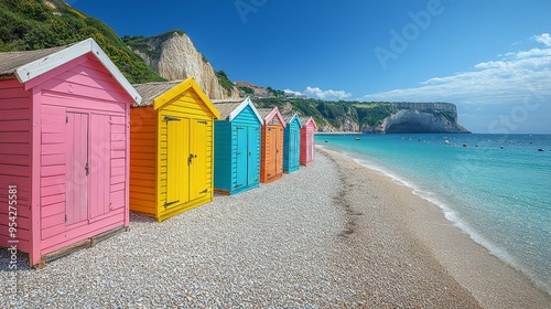 Colorful Beach Cabins on Pebble Beach with Cliff and Ocean View