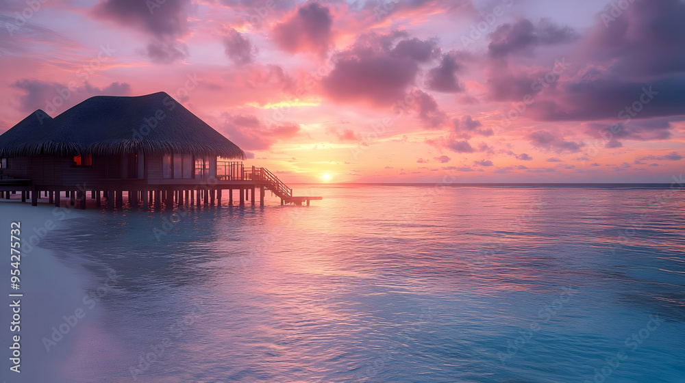 Tropical bungalow on stilts with sunset over ocean. Tropical bungalow on stilts with sunset over ocean.