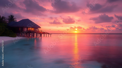 Tropical overwater bungalow with a pink sunset over a tranquil ocean.