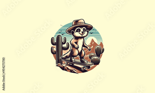 meerkat playing skateboard on cactus vector illustration flat design