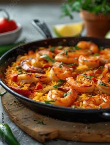 Traditional Spanish seafood Paella with shrimp and rice in a rustic setting