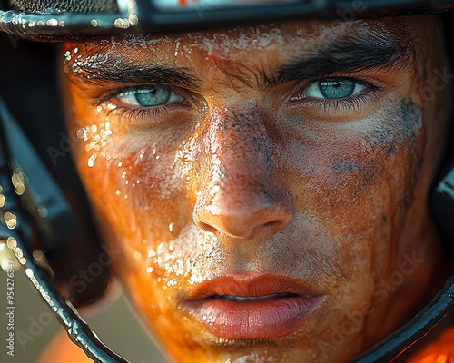 Closeup of a Determined Athlete s Face with Blue Eyes and Mud photo