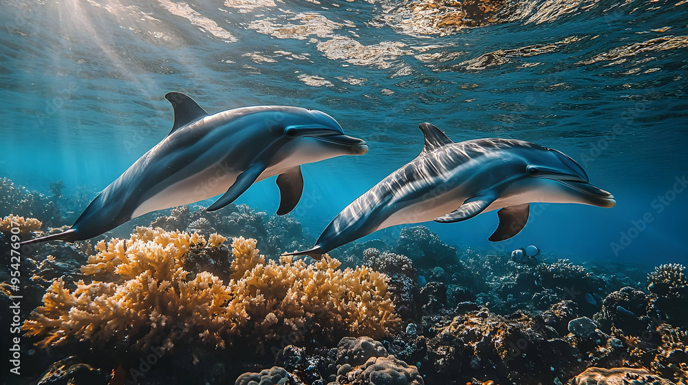 Naklejka premium Two dolphins swim over a coral reef in the ocean.