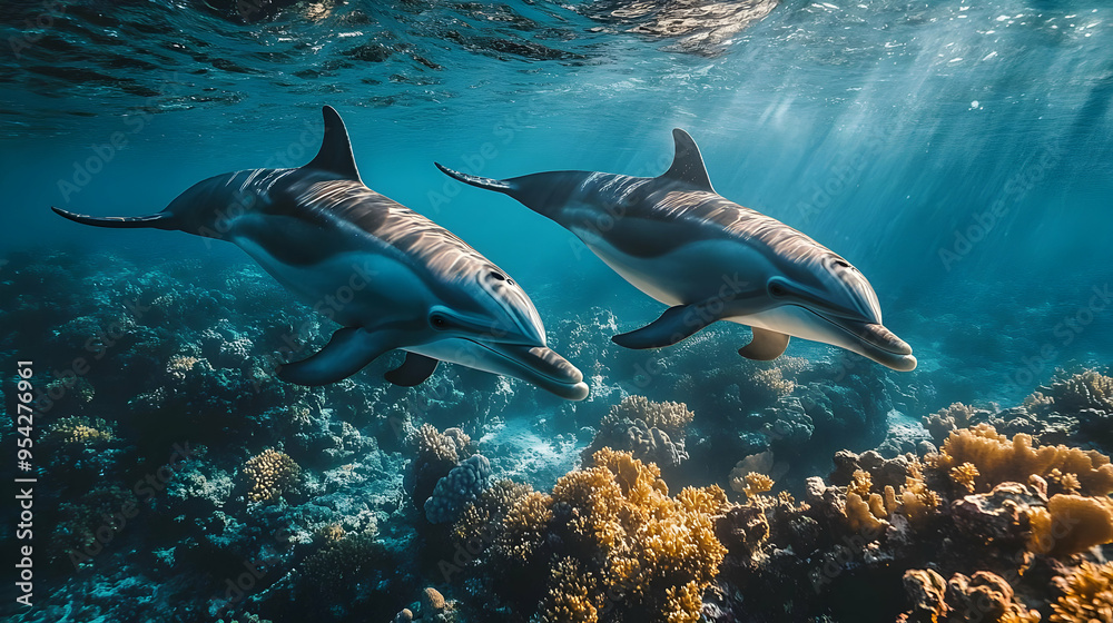 Obraz premium Two dolphins swimming in the ocean with coral reefs in the background.