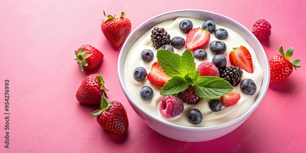 Fresh and vibrant fruit yogurt bowl with assorted berries and leaves on pink background Fresh and vibrant fruit yogurt bowl with assorted berries and leaves on pink background