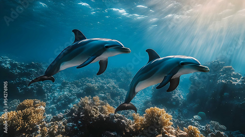 Two dolphins swim through c...