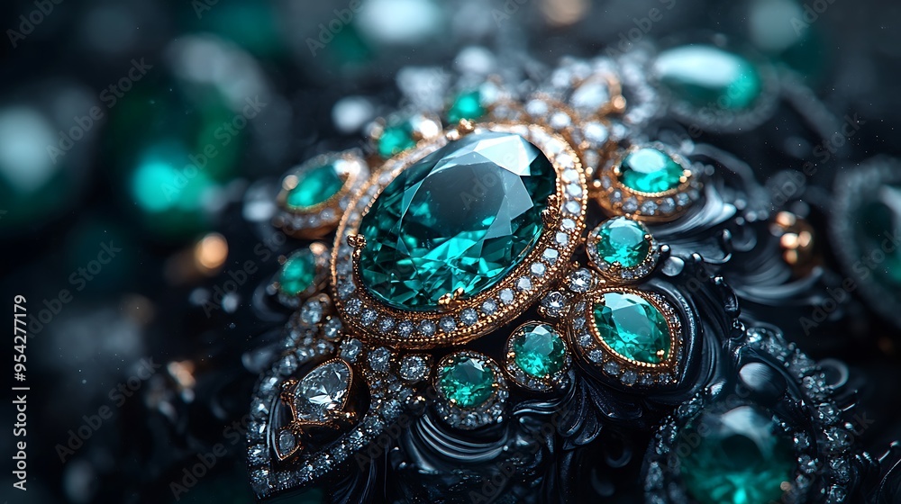 Close-up of a glittering emerald gemstone set in gold with smaller emeralds and diamonds around it. Close-up of a glittering emerald gemstone set in gold with smaller emeralds and diamonds around it.