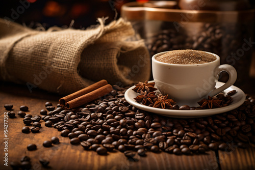 Cup of coffee with cinnamon sticks and coffee beans on a wooden surface. Close-up photography of a warm drink surrounded by spices. photo