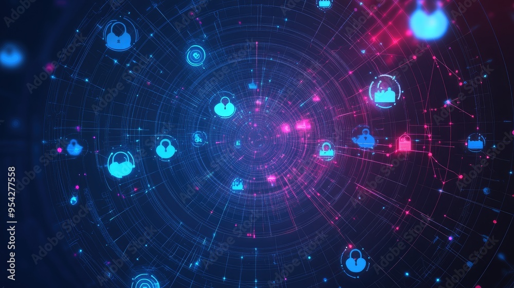 Circular digital patterns with radiating lines and icons, representing an online support community, no people Circular digital patterns with radiating lines and icons, representing an online support community, no people
