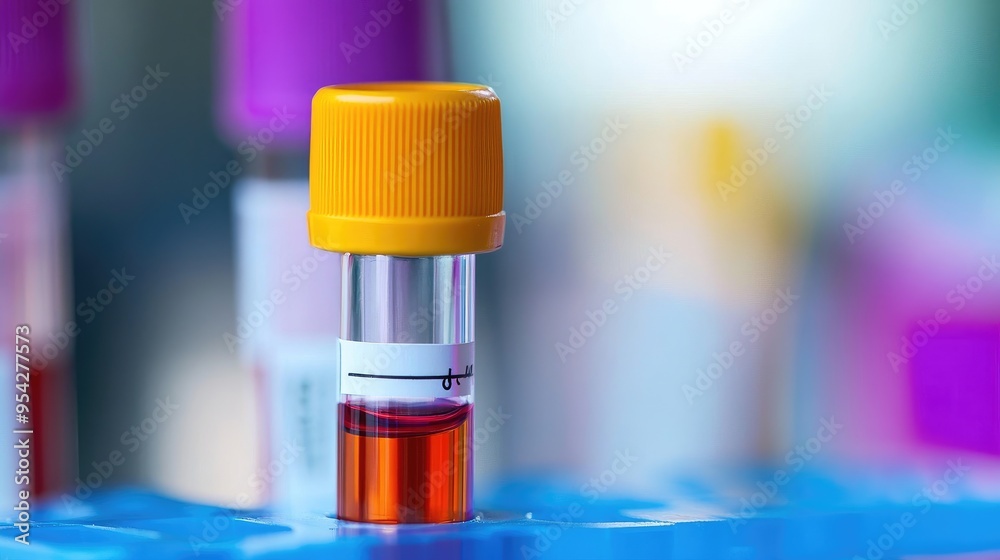 Close-up of a blood collection vial with a colorful cap, resting in a plastic holder, focus on the label and fill line, no people Close-up of a blood collection vial with a colorful cap, resting in a plastic holder, focus on the label and fill line, no people