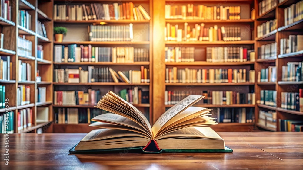 An open book on a table in a library surrounded by bookshelves, representing knowledge, learning, and education An open book on a table in a library surrounded by bookshelves, representing knowledge, learning, and education