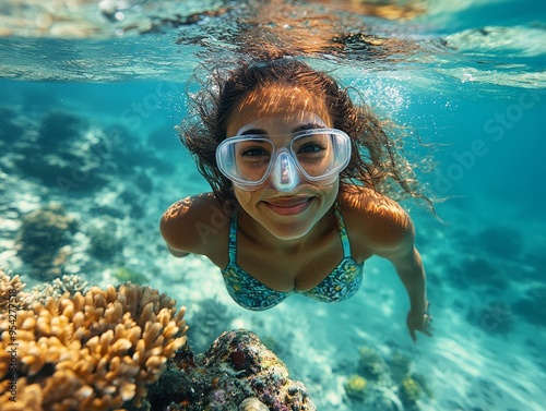 Underwater Snorkeling Adventure Woman in Mask Exploring Coral Reef