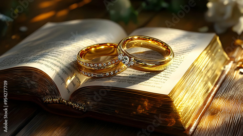 Two gold wedding bands with...