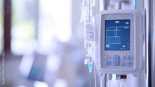 Close-up of a medical infusion pump with a saline drip line attached, digital display in focus, blurred background, no people