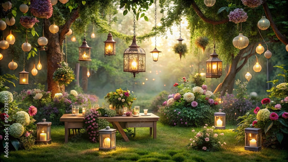 Whimsical garden party with floral prints, lush greenery, floating lanterns, and ethereal essence Whimsical garden party with floral prints, lush greenery, floating lanterns, and ethereal essence