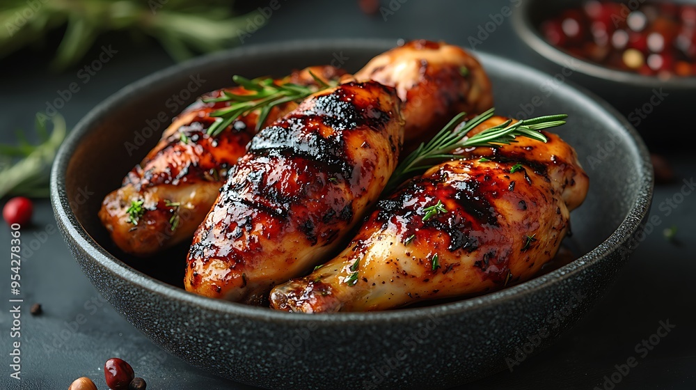 Close-up of grilled chicken drumsticks with rosemary and red peppercorns in a black bowl. Close-up of grilled chicken drumsticks with rosemary and red peppercorns in a black bowl.